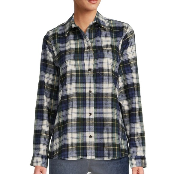 LL Bean Blue White Scotch Plaid Flannel Button Up Relaxed Fit Cotton Shirt SMALL - Picture 1 of 12